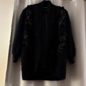Vintage Rafiana Black Embellished Angora Blend Long Sleeve Open Cardigan Size S